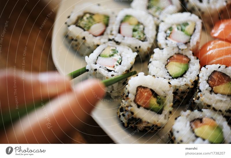 eat sushi Sushi Fish Rice Asian Food Delicious Nutrition Healthy Eating Dish Food photograph Appetite Exotic recipe Wooden table Bowl Cooking Salmon Chopstick