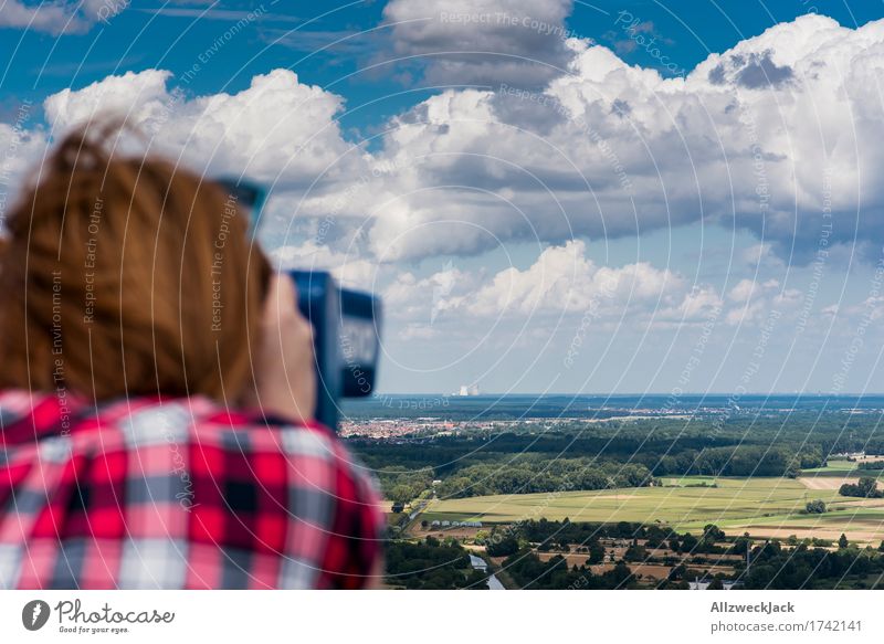 Plant watching 2 Human being Feminine Young woman Youth (Young adults) 1 18 - 30 years Adults Sky Clouds Summer Beautiful weather Town Observe Change Binoculars