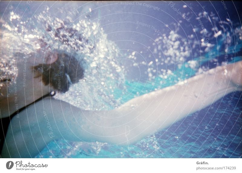 tickled away Colour photo Underwater photo Motion blur Summer Aquatics Lifeguard Swimming pool Feminine Head Arm Rotate Sports Dive Healthy Athletic Blue