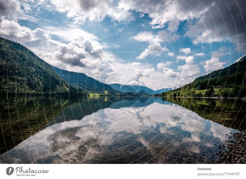 ground lake Environment Nature Landscape Water Sky Clouds Summer Lakeside Lake Grundlsee Blue Green White Austria Salzkammergut Reflection Swimming & Bathing