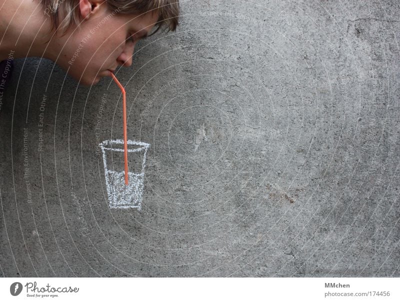 thirsty? Colour photo Copy Space right Beverage Cold drink Drinking water Lemonade Juice Alcoholic drinks Spirits Longdrink Cocktail Glass Head Face Gray