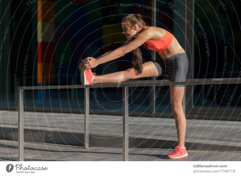 Smiling fit young woman doing stretching exercises Feminine Young woman Youth (Young adults) Woman Adults 1 Human being 18 - 30 years Healthy Stretching Fitness