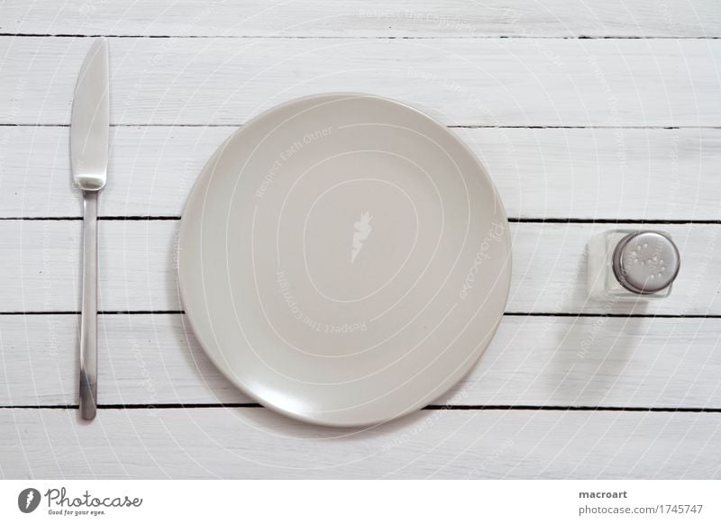 hungry? Appetite Plate Small Knives Table-knife Cutlery Salt Salt caster Wooden table shabby White Empty Dinner Wait Still Life