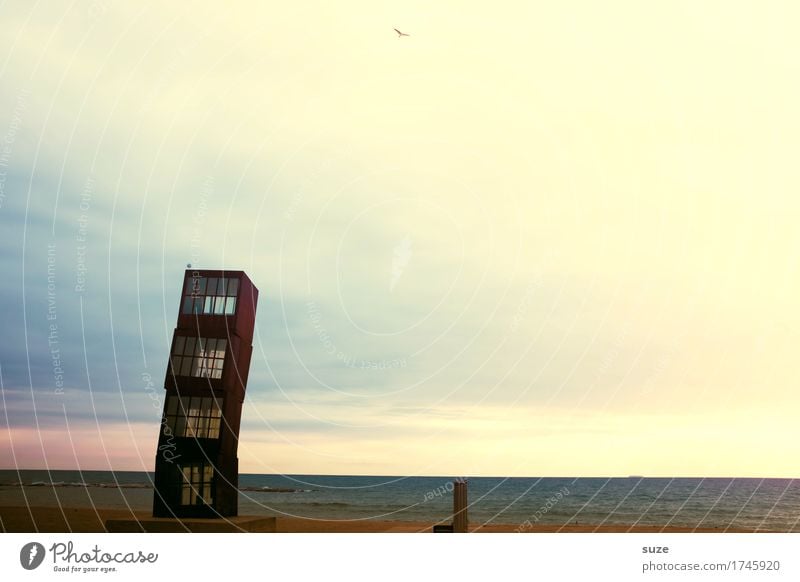 The skewness Beach Ocean Environment Landscape Sand Sky Coast Tower Tourist Attraction Monument Rust Exceptional Dark Tall Moody Mysterious Barcelona Promenade