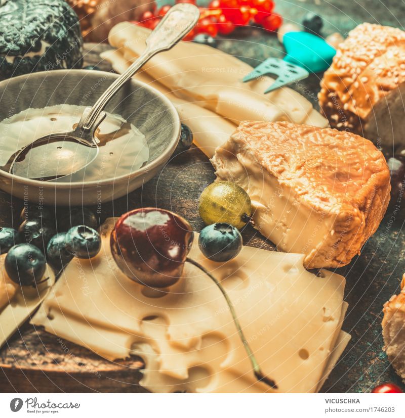 Cheese with honey and berries Food Fruit Dessert Nutrition Breakfast Crockery Design Table Style Gourmet Cheese knife Cheese slice Honey Berries Summer