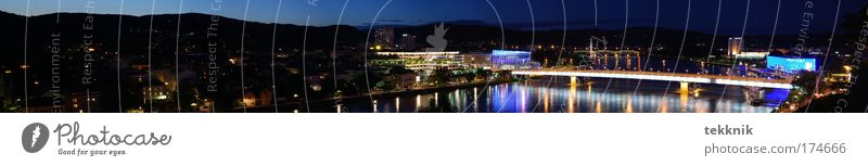 Panorama_Linz Colour photo Exterior shot Twilight Night Reflection Long exposure Panorama (View) Austria Skyline City hall Bridge Passenger traffic