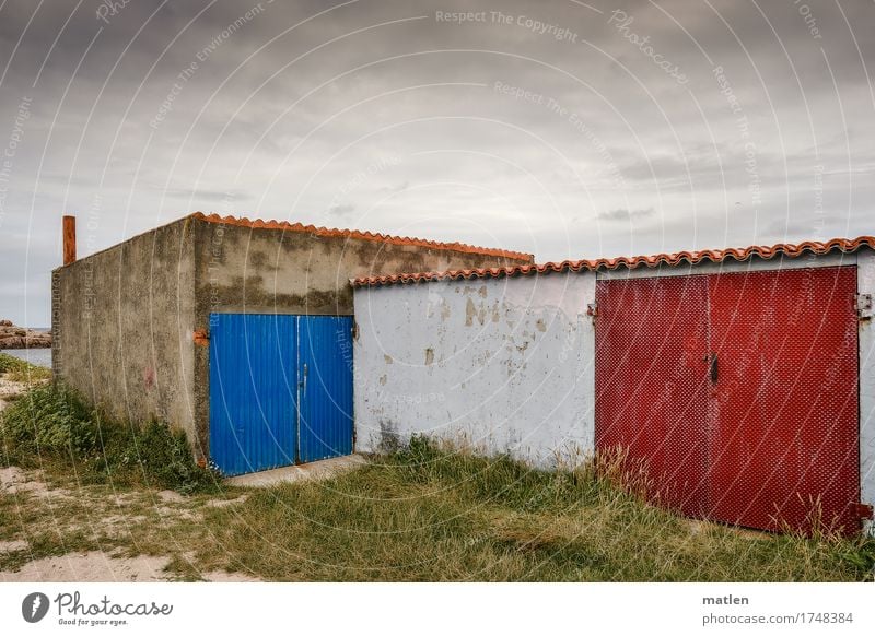 beach villa Landscape Plant Sand Water Sky Clouds Grass Beach Fishing village Hut Facade Door Chimney Small Blue Yellow Green Red White Fishermans hut