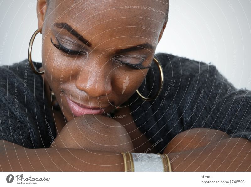 . Feminine 1 Human being Jacket Jewellery Earring Bangle Bald or shaved head Think Relaxation To hold on To enjoy Smiling Sit Dream Beautiful Happy Contentment