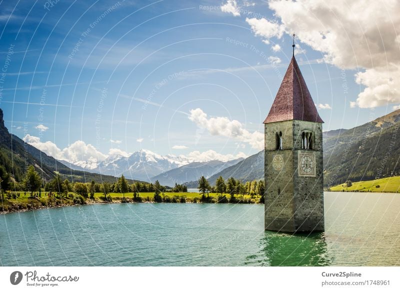 The flooded village Landscape Elements Water Sky Clouds Summer Beautiful weather Meadow Field Forest Hill Rock Alps Mountain Peak Snowcapped peak Waves Lakeside