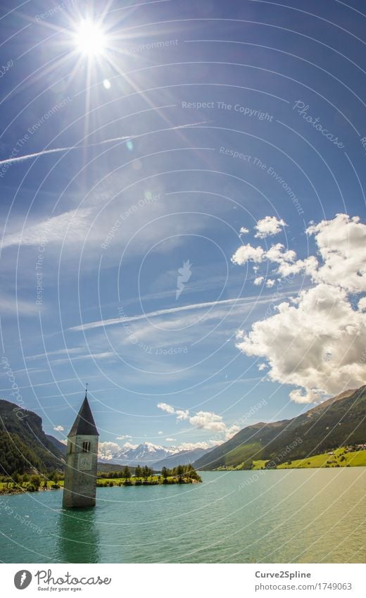 The flooded village Landscape Elements Water Sky Clouds Sun Beautiful weather Snow Meadow Forest Hill Rock Alps Mountain Peak Snowcapped peak Waves Lakeside