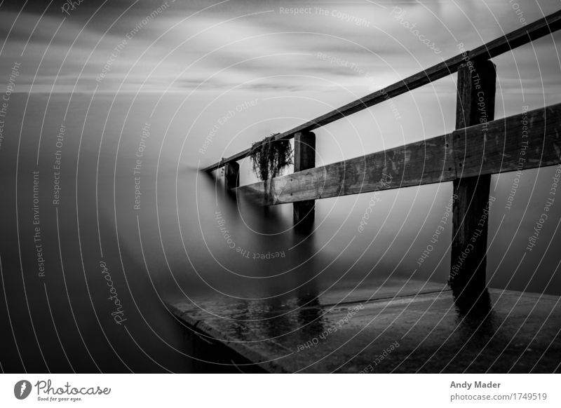 pier in black and white long time capture Nature Animal Water Clouds Storm clouds Bad weather Wind Coast Bay Ocean Lake Calm backgrounds wooden walkway