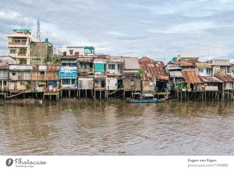 Houses at the Mekong Delta Saigon Port City Outskirts House (Residential Structure) Hut Harbour Building Architecture Bridge Boating trip Fishing boat