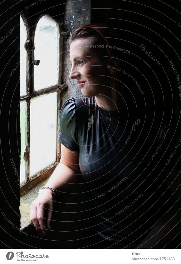 happy woman at window Feminine 1 Human being Old building Wall (barrier) Wall (building) Window Dress Brunette Long-haired Observe Smiling Looking Sit Wait