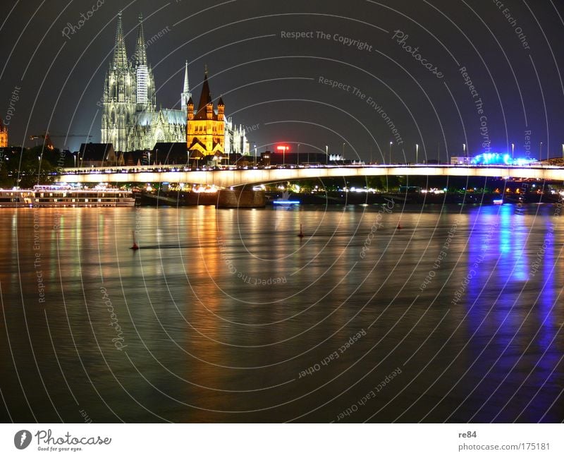 Cologne Cityscape Colour photo Multicoloured Exterior shot Evening Twilight Night Light Contrast Reflection Back-light Long exposure Panorama (View) Elegant