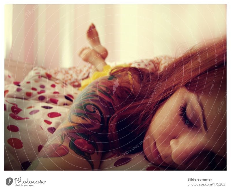 lullaby Bedroom Human being Feminine Young woman Youth (Young adults) Woman Adults Head Hair and hairstyles Feet 1 18 - 30 years Tattoo Red-haired Long-haired