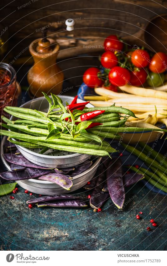 Various green and white beans pods on the kitchen table Food Vegetable Herbs and spices Cooking oil Nutrition Organic produce Vegetarian diet Diet Crockery