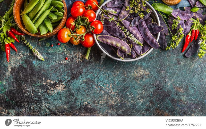 Green and purple pea pods in bowls with ingredients Food Vegetable Herbs and spices Nutrition Lunch Organic produce Vegetarian diet Diet Crockery Bowl Style