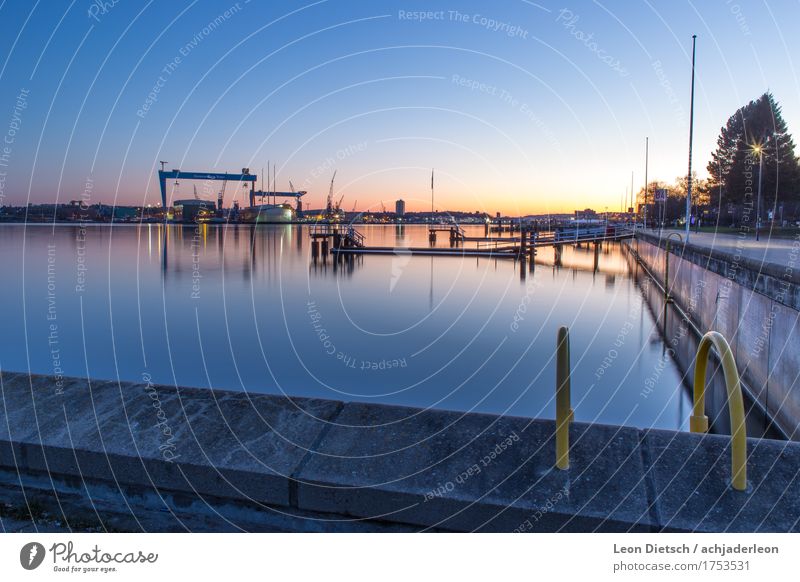 The Kieler Förde in the blue hour Water Sky Cloudless sky Sunrise Sunset Beautiful weather Coast Fjord Baltic Sea Harbour Shipyard Tourist Attraction Landmark