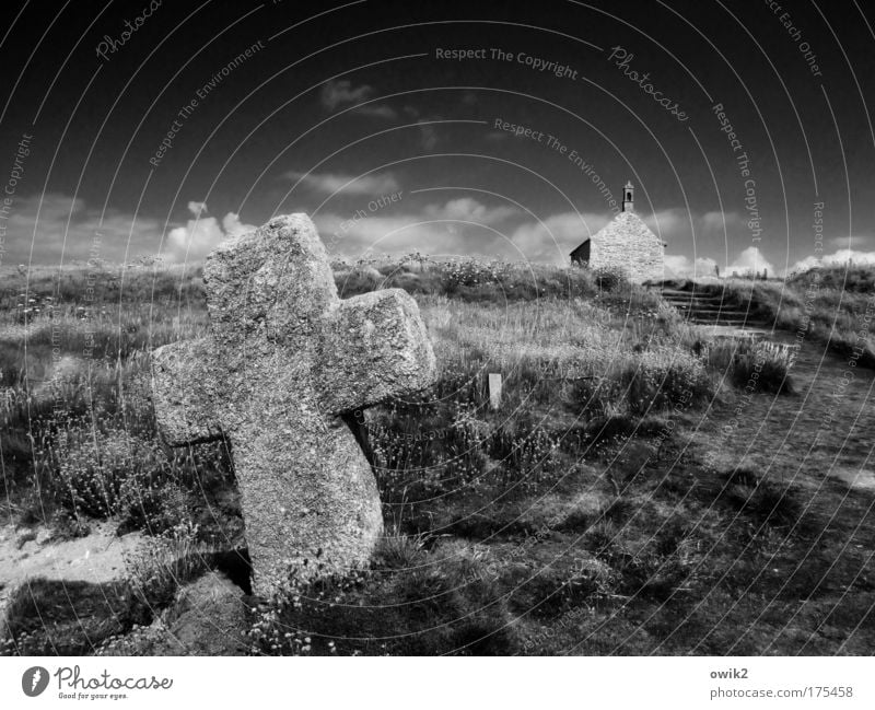 Cross and spring Nature Landscape Plant Earth Sand Sky Clouds Climate Beautiful weather Grass Bushes Moss Coast Finistere Brittany France Manmade structures