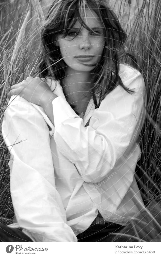 SHE Black & white photo Exterior shot Day Central perspective Portrait photograph Looking into the camera Summer vacation Beach Beach dune Feminine Young woman