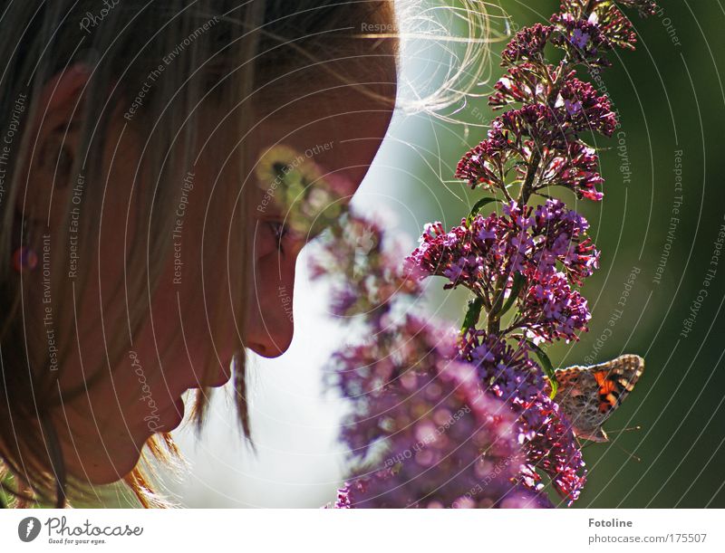 Hello butterfly! Colour photo Multicoloured Exterior shot Day Sunlight Worm's-eye view Profile Human being Feminine Child Girl Head Hair and hairstyles Face Ear