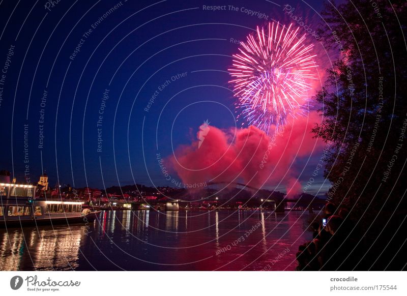 Danube in flames Colour photo Exterior shot Copy Space left Twilight Night Light Shadow Contrast Silhouette Reflection Long exposure Deep depth of field