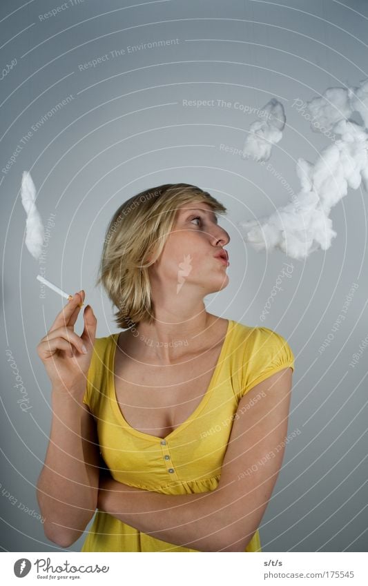 She likes to smoke Colour photo Multicoloured Interior shot Studio shot Copy Space top Neutral Background Artificial light Long shot Portrait photograph