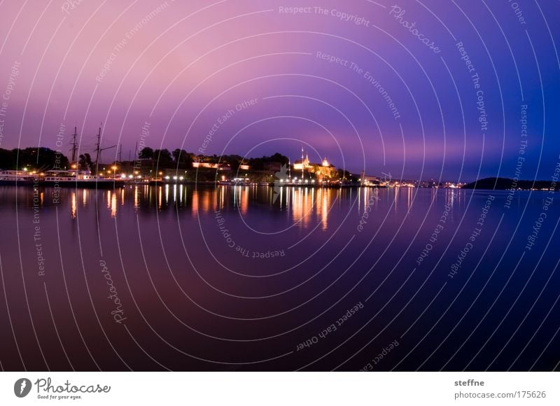 night Colour photo Exterior shot Deserted Copy Space top Copy Space bottom Night Long exposure Oslo Norway Capital city Port City Moody Contentment Idyll Calm