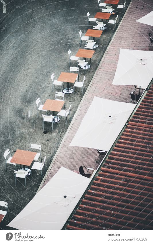 Take a seat Terrace Roof Street Gray Pink White Table Chair Sunshade Colour photo Subdued colour Exterior shot Pattern Structures and shapes Deserted