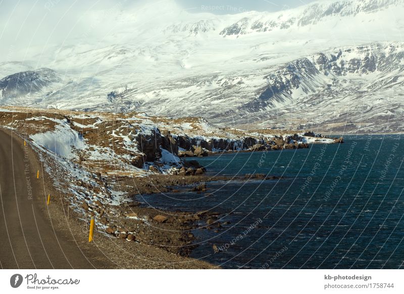 Snowy mountain landscape in East Iceland, wintertime Vacation & Travel Tourism Adventure Far-off places Winter Rock Fjord east ring road street snow-covered