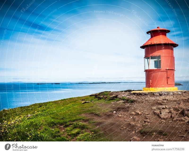 Little red lighthouse - Sykkisholmur, Iceland Summer Ocean House (Residential Structure) Nature Landscape Sky Grass Hill Rock Coast Lighthouse To feed Blue