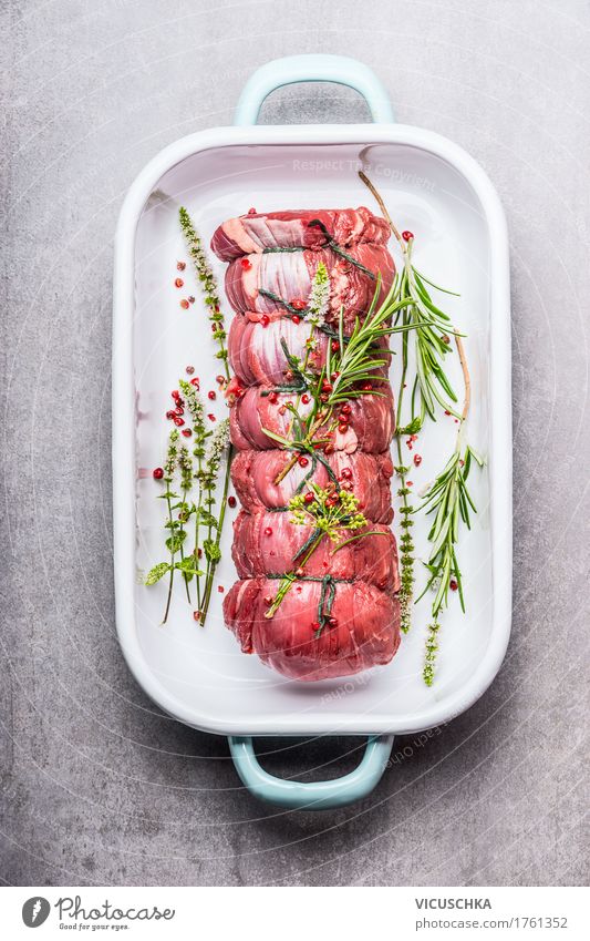 Roast beef with herbs and spices Food Meat Herbs and spices Nutrition Dinner Banquet Organic produce Bowl Style Design Healthy Eating Table Enamel Roast joint