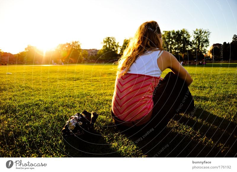 I've been thinking: ... Colour photo Exterior shot Evening Central perspective Rear view Feminine Young woman Youth (Young adults) 1 Human being 18 - 30 years