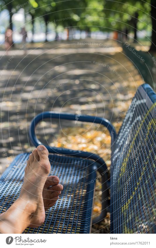 Photocase Day l Break Life Feet 1 Human being Beautiful weather Lanes & trails Contentment Effort Relaxation Avenue Park bench Barefoot Colour photo