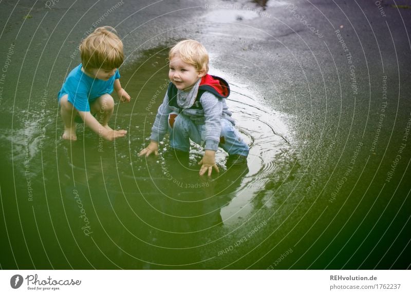 puddle fun Human being Masculine Child Toddler Boy (child) 2 1 - 3 years Summer Bad weather Rain Street Water Playing Authentic Exceptional Happiness Happy