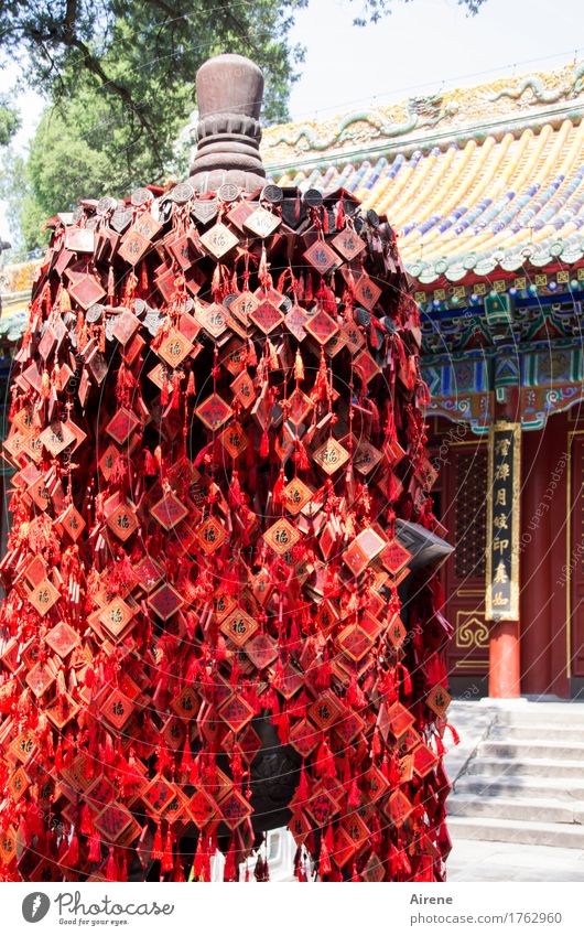 so many wishes... Temple Good luck charm Sign Characters Ornament Signs and labeling Red Religion and faith Buddhism Colour photo Exterior shot Deserted Day