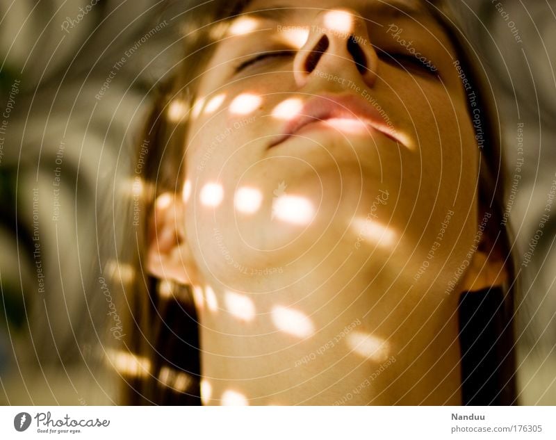 stroked light Colour photo Interior shot Experimental Pattern Evening Light Shadow Blur Portrait photograph Upward Closed eyes Beautiful Wellness Harmonious