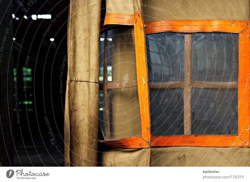 Raise the curtain! Colour photo Interior shot Detail Deserted Copy Space left Copy Space right Shallow depth of field Industrial plant Window Drape foil window