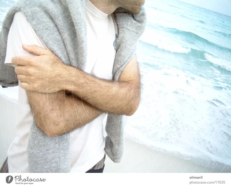 Watching the sea Walk on the beach Man Ocean Coast Man's arm Interlock Interlocked Freeze Faceless Headless Anonymous Unidentified Unrecognizable Wait Withdrawn