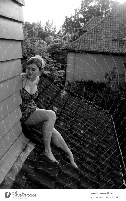 On the Roof Black & white photo Exterior shot Day Looking away Freedom Expedition Sunbathing House (Residential Structure) Feminine Young woman