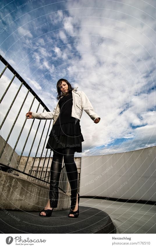 beyond Colour photo Exterior shot Copy Space right Wide angle Looking into the camera Elegant Feminine Young woman Youth (Young adults) Parking garage