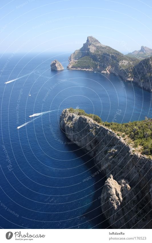 blue Colour photo Exterior shot Day Deep depth of field Bird's-eye view Environment Nature Landscape Earth Water Sky Summer Rock Mountain Waves Coast Bay Reef