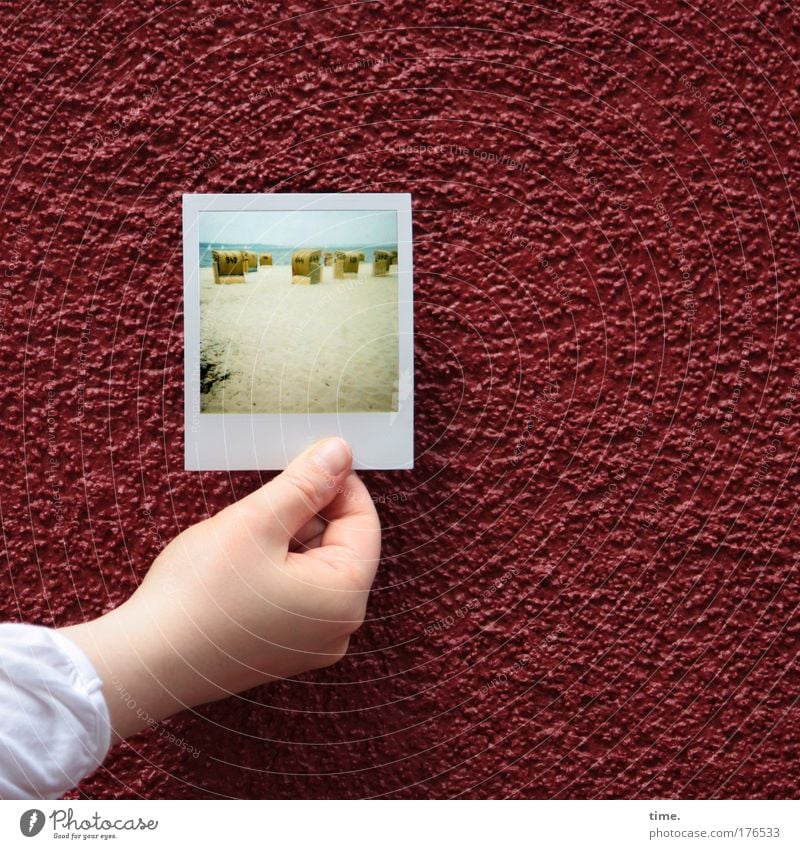 [KI09.1] - The wall must go! Polaroid Contrast Beach Hand Work of art Sand Concrete Red Wall (building) Plaster Image Beach chair Converse Picture-in-picture