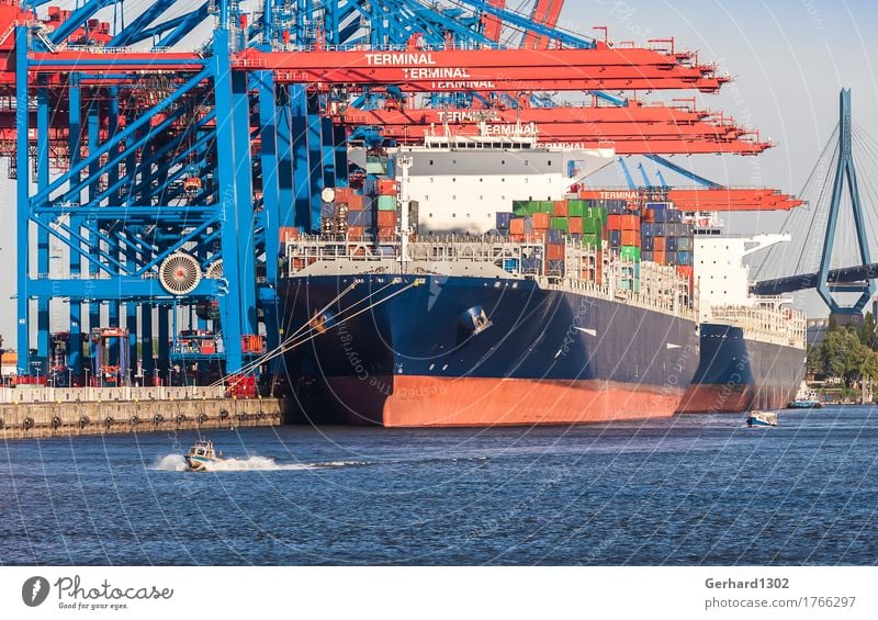 Ships in the container port of Hamburg Port City Skyline Bridge Tourist Attraction Transport Means of transport Traffic infrastructure Navigation Container ship