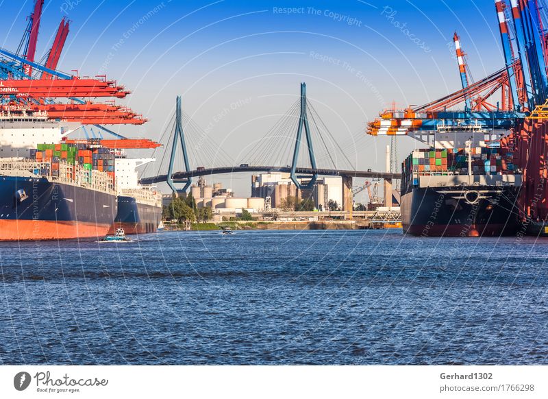 Container port and Köhlbrand bridge in Hamburg Ocean Port City Skyline Tourist Attraction Transport Means of transport Traffic infrastructure Highway Bridge