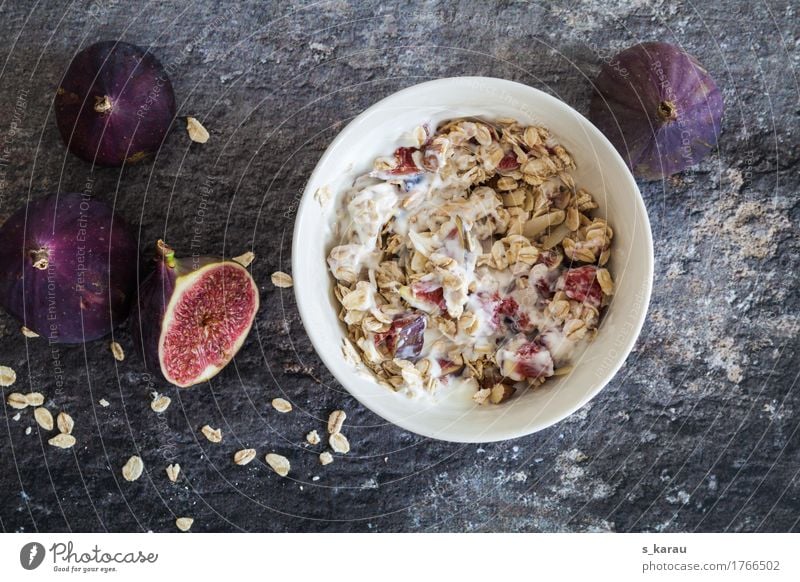 Oatmeal Breakfast Food Yoghurt Dairy Products Fruit Grain Nutrition Organic produce Vegetarian diet Diet To enjoy Simple Healthy Gray Violet Vegan diet