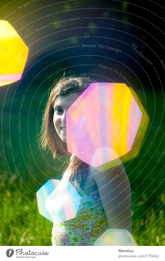 Unknown flying heptagons Colour photo Multicoloured Exterior shot Experimental Abstract Back-light Blur Shallow depth of field Looking into the camera