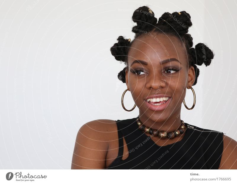 . Feminine Woman Adults 1 Human being Dress Jewellery Earring Necklace Hair and hairstyles Black-haired Short-haired Afro Observe Smiling Laughter Looking Wait