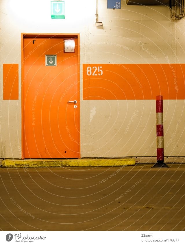 825 Colour photo Parking garage Transport Street Old Dark Calm Esthetic Underground garage Garage Door Way out Entrance Pole Signs and labeling