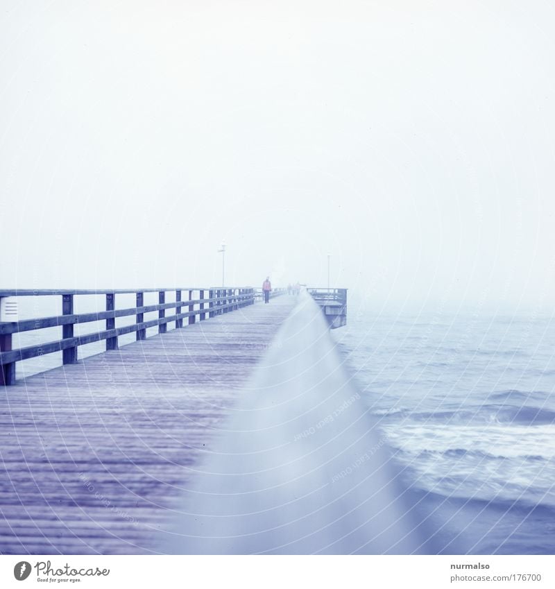 Cold bridge building Colour photo Subdued colour Morning Light Jogging Hiking Nature Landscape Sand Water Horizon Winter Bad weather Fog Ice Frost Coast Beach